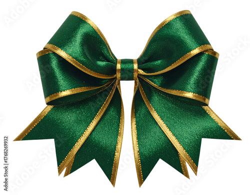 Green and Gold Ribbon Bow in Top-Down Angle with Flowing Tails, Premium Celebration Decor, Isolated