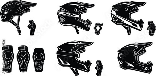 Motocross helmet, protective gear, off-road biking safety, elbow pads, knee guards, extreme sport equipment, dirt bike armor, rider protection set