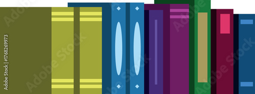 Illustration of colorful books standing upright on a bookshelf, representing literature, learning, and knowledge