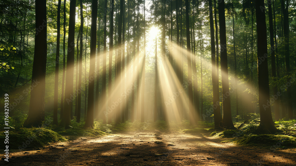 Obraz premium Golden light filtering through trees creates serene atmosphere in forest
