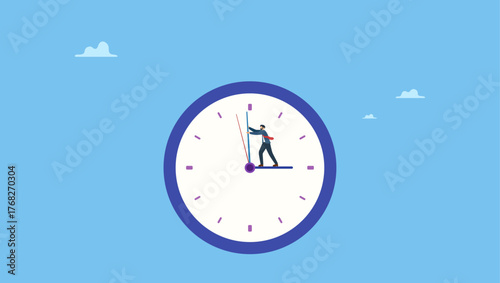 Businessman standing on clock hour hand manage to push back minute hand to turn back time. Turn back time to change or fix mistake, inevitable failure or urgency closed to deadline.