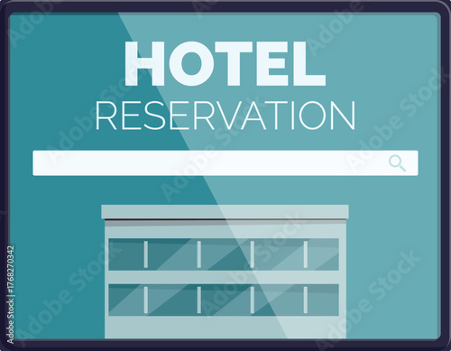 Hotel reservation website interface showing building and search bar for online booking