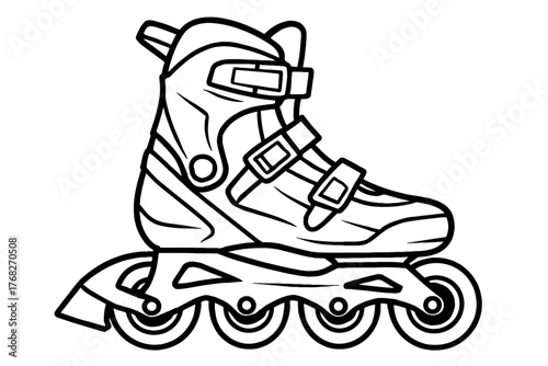 Detailed black and white line art illustration of a modern inline skate, also known as a rollerblade, showcasing its sturdy boot, secure buckles, rigid frame, and smooth-rolling four wheels