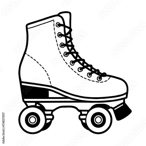 Iconic retro quad roller skate black and white outline illustration for vintage sports and recreation designs, perfect for apparel, logos, posters, web graphics, and nostalgic leisure activity themes.