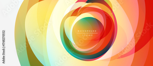 Abstract colorful layers create dynamic circular design. Vibrant hues blend, forming modern background element. Smooth gradients suggest movement, energy.