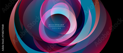 Abstract colorful layers create dynamic circular design. Vivid hues blend, forming elegant visual experience. Modern background element.