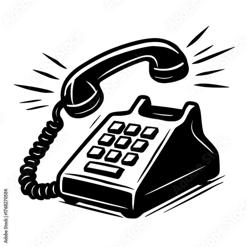 Black & white retro push-button telephone illustration, receiver off hook, ringing loudly with sound waves. A classic vintage communication device, iconic symbol of past connections, inviting a call. 