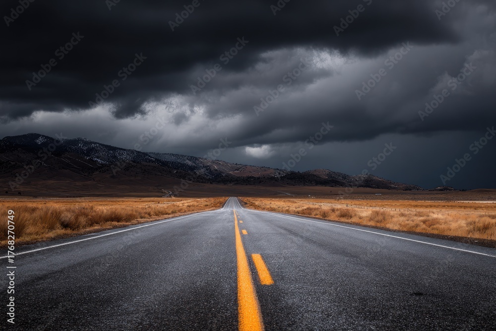 Fototapeta premium A long, empty asphalt road stretches towards mountains under a dramatic, stormy sky