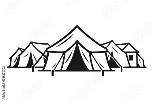 Monochrome vector art of multiple camping tents, perfect for outdoor adventure, safari, and glamping designs. This iconic black and white illustration captures nature exploration