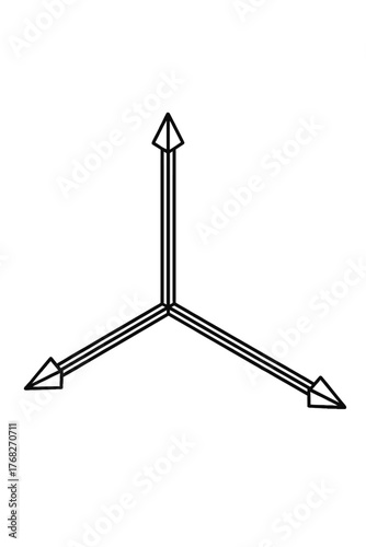 Vector line art of a 3D Cartesian coordinate system with three orthogonal axes, each featuring triple lines and arrowheads, symbolizing precise spatial orientation, directional vectors