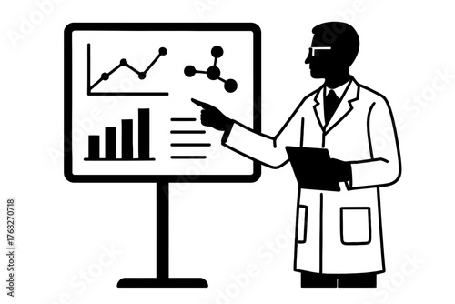 A male scientist in a lab coat and glasses conducts a scientific presentation, pointing to a board with a line graph, bar chart, molecular structure, and text. He holds a clipboard