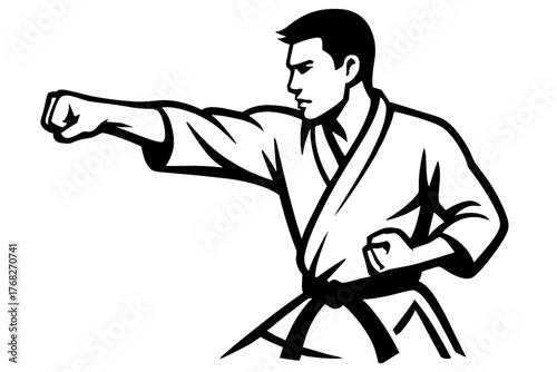 Dynamic vector illustration of a powerful male martial artist in a traditional white gi with a black belt, executing a precise straight punch. Ideal for combat sports, self-defense, fitness, training