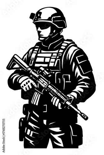 Black and white vector of a tactical soldier in full combat gear: helmet, sunglasses, body armor, assault rifle. Represents military strength, elite special forces, security, and defense.