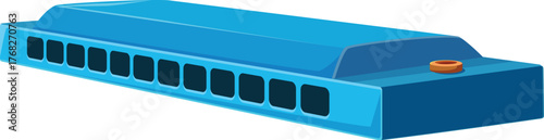 Light blue harmonica isolated on white background representing musical instrument, blues music and entertainment