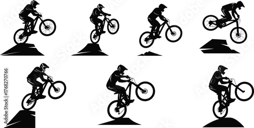 Mountain bike rider silhouette, extreme sports illustration, BMX stunt vector, off-road cycling action, helmet safety, ramp jump, trick sequence artwork