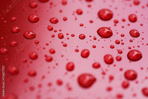Closeup rain drops on red car with hydrophobic coating