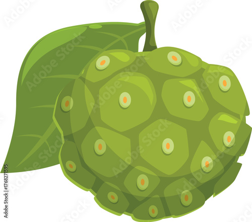 Noni exotic fruit with leaf, representing healthy eating and tropical flavors