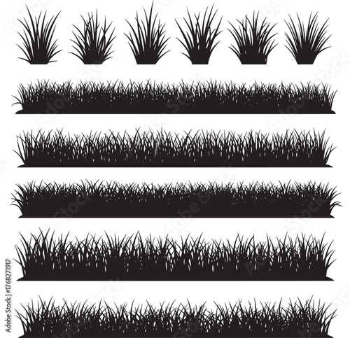 Various grass patches and ground cover a black silhouette on transparent background