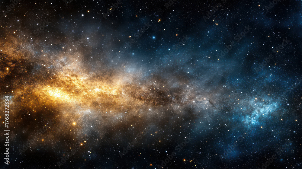 Obraz premium Stunning galaxy filled with golden and blue starlight, showcasing cosmic beauty and depth