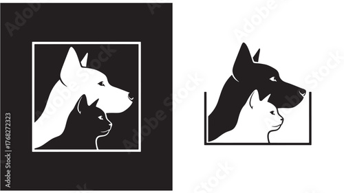Elegant cat and great dane figures within frames on transparent background silhouette