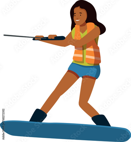 Young woman wearing a life jacket wakeboarding on a lake, enjoying an active summer vacation