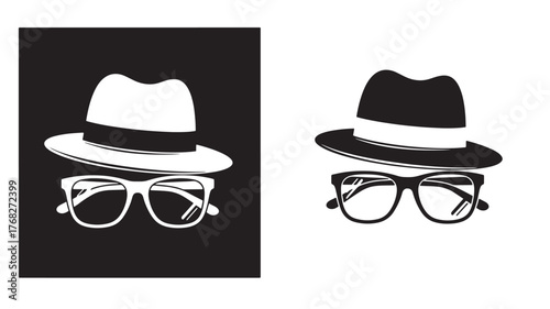 Two stylized fedora hats and glasses a modern visual silhouette on transparent background