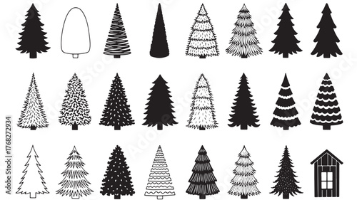 Collection of various christmas tree designs with a silhouette on transparent background