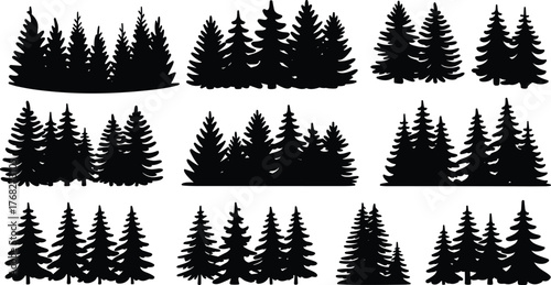 Pine tree silhouette set, forest icon collection, nature graphic bundle, evergreen tree shapes, black pine vector, woodland design elements