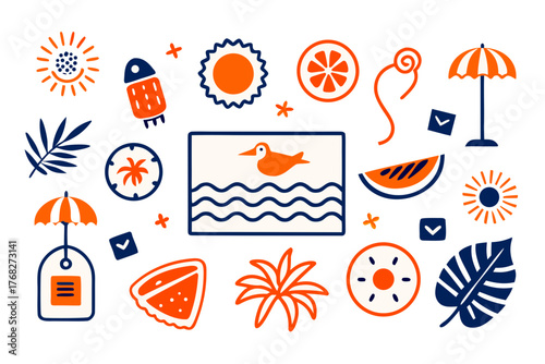 Summer vacation themed vector illustration with nature and travel elements