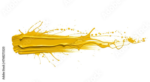 Energetic golden paint stroke with dynamic drips on pristine white backdrop vibrant flow