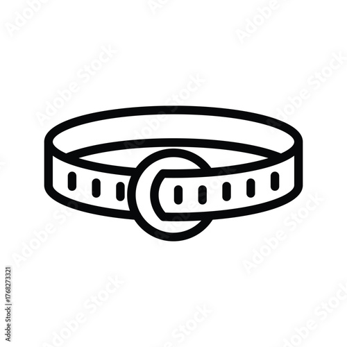 A black and white line drawing of a collar The collar has a circular buckle and several rectangular holes