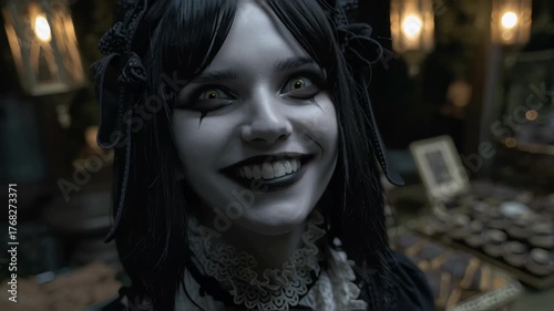 Creepy gothic girl smiles at a dessert shop.
