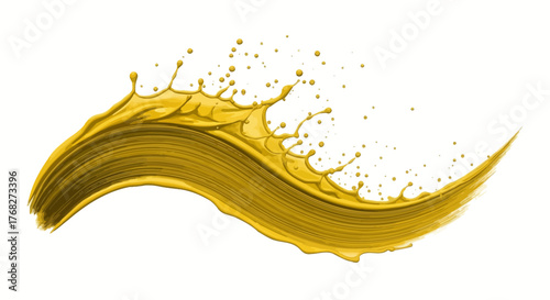 Dynamic flow of golden fluid with droplet splash against a pure white backdrop offers creative