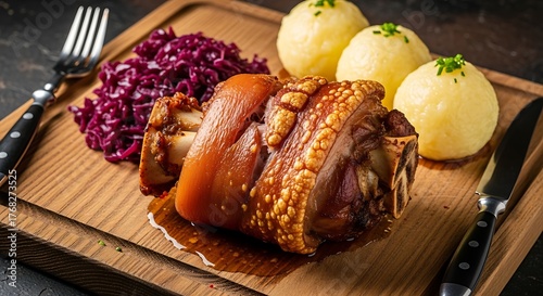 Roasted Schweinshaxe with Dumplings and Red Cabbage