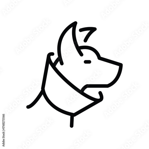 A black and white line drawing of a dog wearing a cone