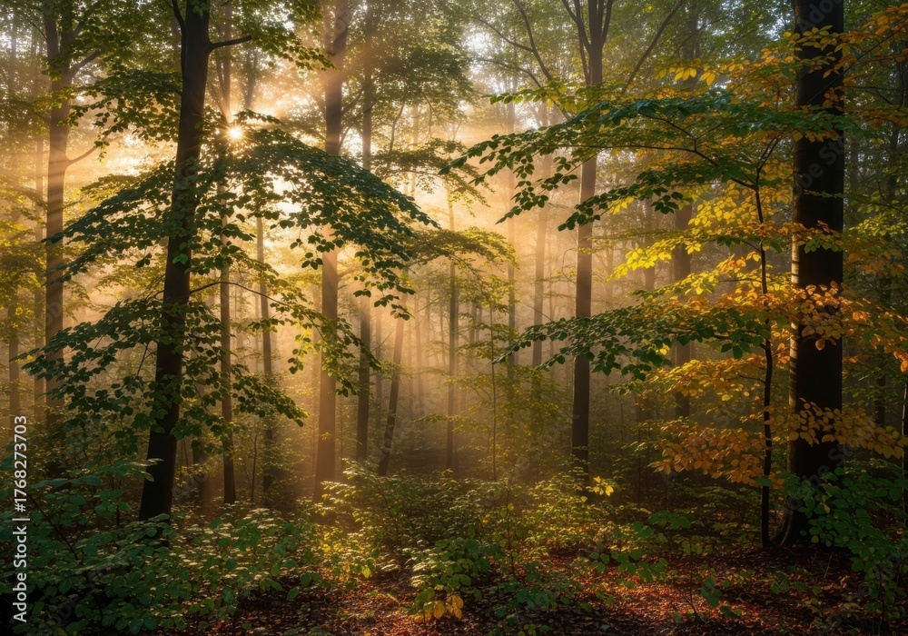 Obraz premium Sunlight streams through a dense autumn forest illuminating vibrant golden and green foliage