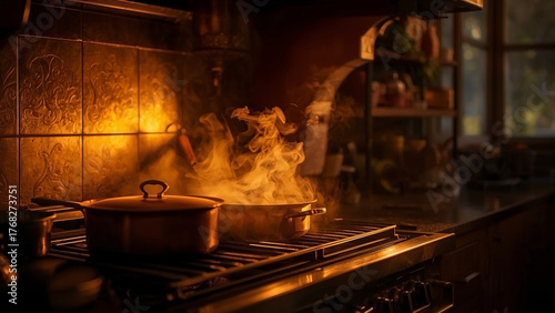 Warm kitchen scene with steaming pots on a stove, bathed in cozy, golden light, evoking comfort and culinary creativity