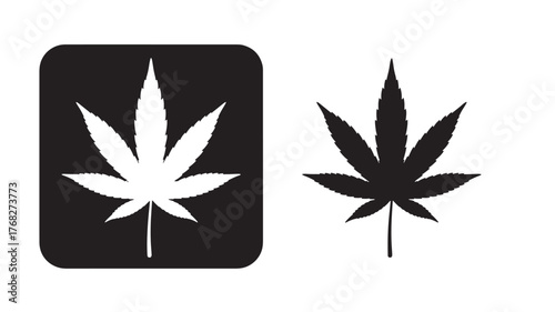 Two cannabis leaf designs one filled and one outline on transparent background silhouette