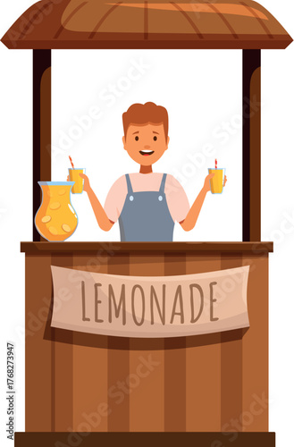 Street seller holding two glasses of lemonade at wooden stand