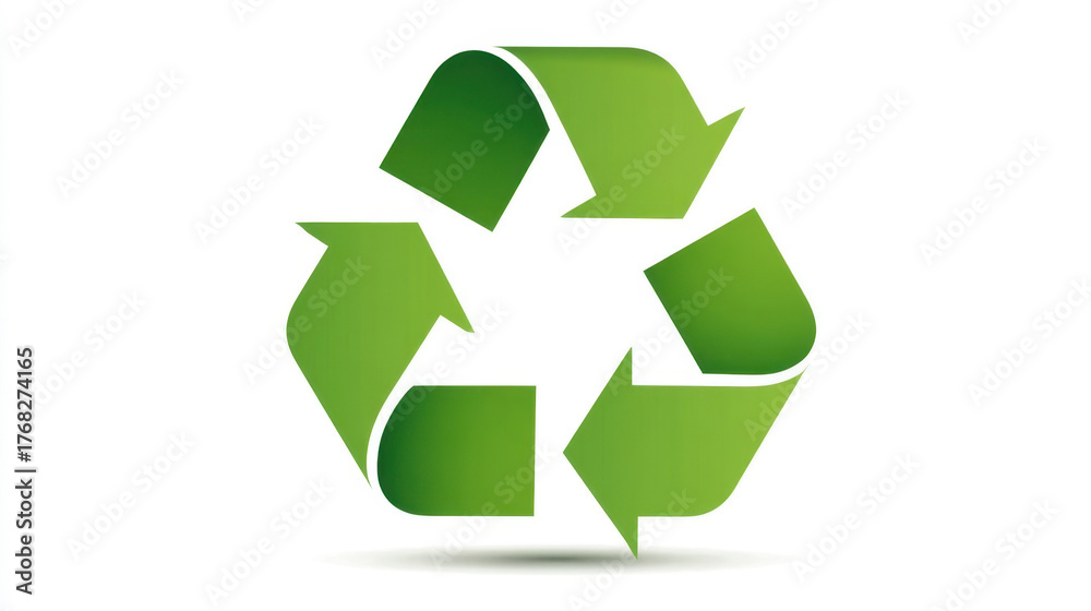 Obraz premium Green recycling symbol with three round arrows on a white background, eco-friendly waste disposal icon