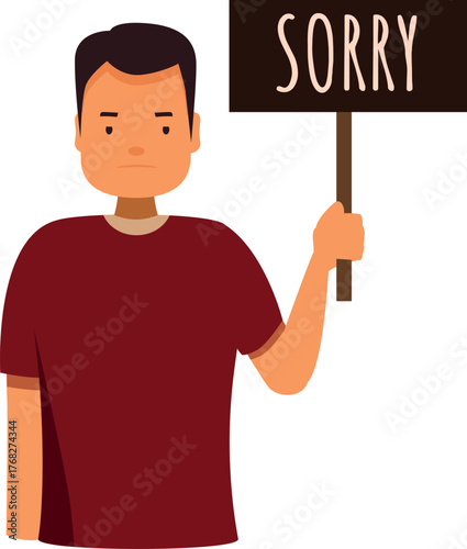 Young man holding a sign with the word sorry written on it, expressing regret and apologizing for his actions