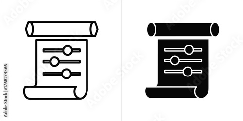 Two icons depicting a scroll with sliders, one outlined and one solid black, representing settings