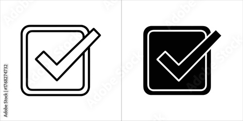 Simple line art icon of a check mark in a box, shown in both black and white versions