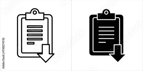 Simple line art icon of a clipboard with a document and a download arrow, shown in both black and white versions