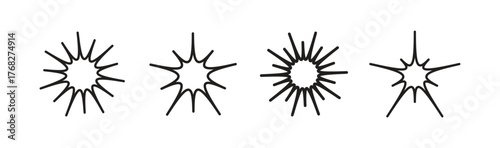 Minimalist Thin Line Starburst Icon Set - Modern Black Vector Graphic Collection of Sunburst, Sparkle, and Explosion Symbols for UI and Highlight Design