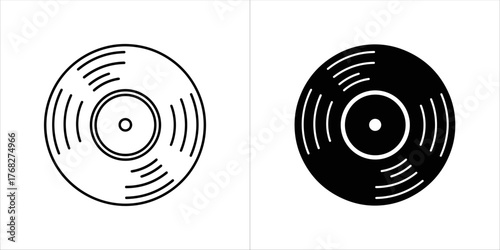 Two icons representing a vinyl record, one in outline and one in solid black