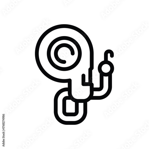 A black line drawing depicts a stylized ear with a cochlea design a circular structure and a hooked appendage