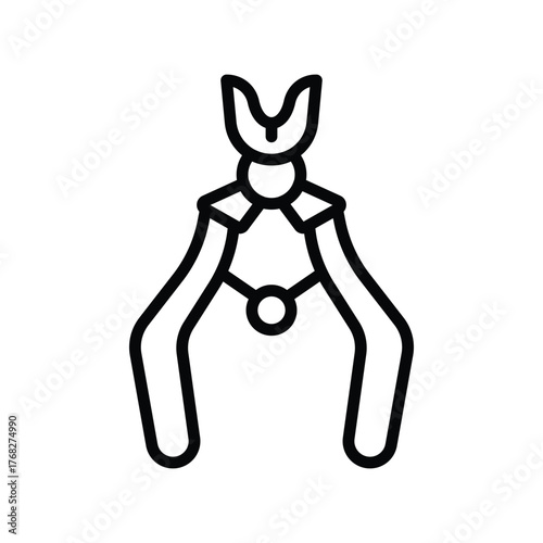 A black line drawing depicts nail clippers The clippers have curved handles a central joint and a curved cutting edge