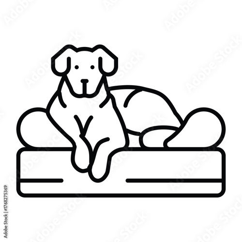 A black line drawing shows a dog reclining on a cushion The dogs ears nose and legs are visible