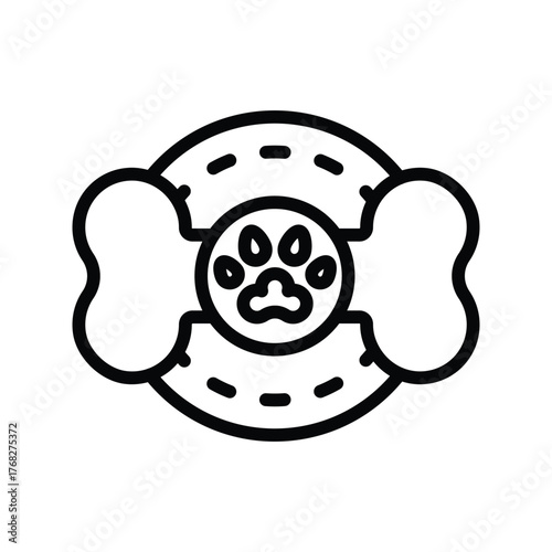 A black line drawing shows a dog toy Its a bone attached to a ring with a paw print in the center